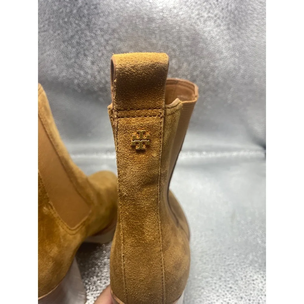 Tory Burch Lug Sole Suede Chelsea Boots Tan Block Heel Logo Ankle Booties 8.5